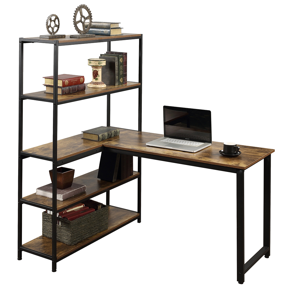 Home Office Two Person Computer Desk with Four-layer Shelf, Extra Large Double Workstations Office Desk - Brown