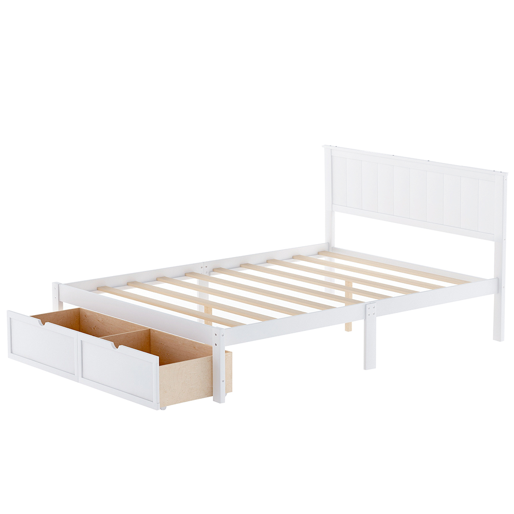 Full Size Wooden Bed Frame with Under-bed Storage Drawer - White