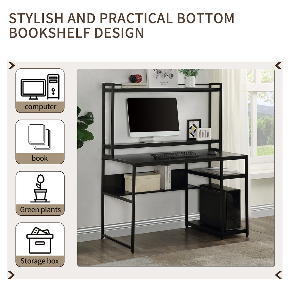 Home Office Computer Desk with Bookshelf & Detachable Display Riser & CPU Bracket - Black