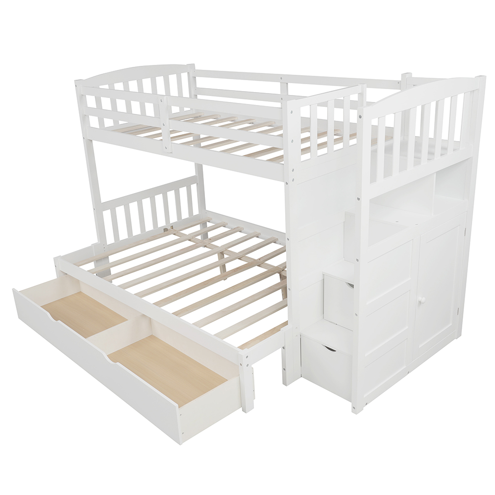 Twin-Over-Twin/Full Size Wooden Bunk Bed Frame, Convertible Bottom Bed, with Storage Stairs and Drawer - White