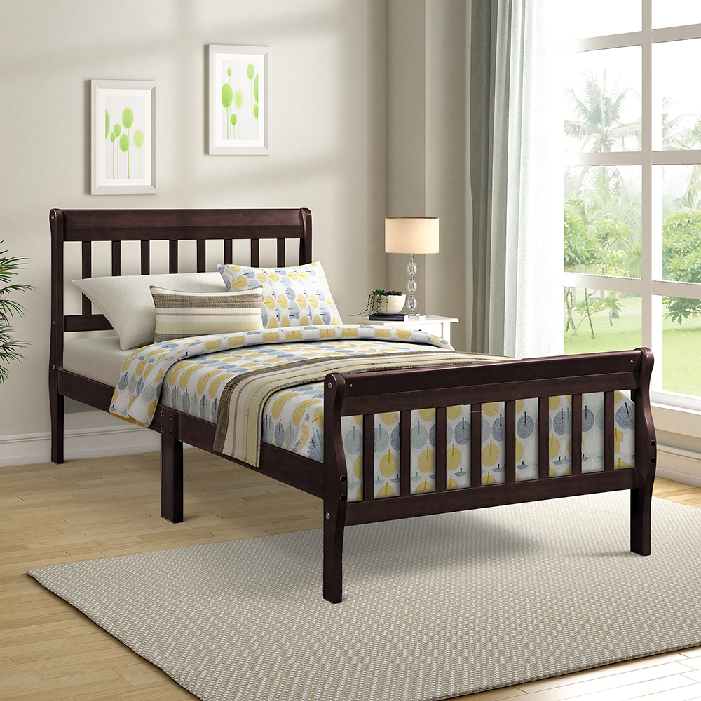 Twin Size Solid Wood Bed Frame with Headboard and Footboard - Espresso