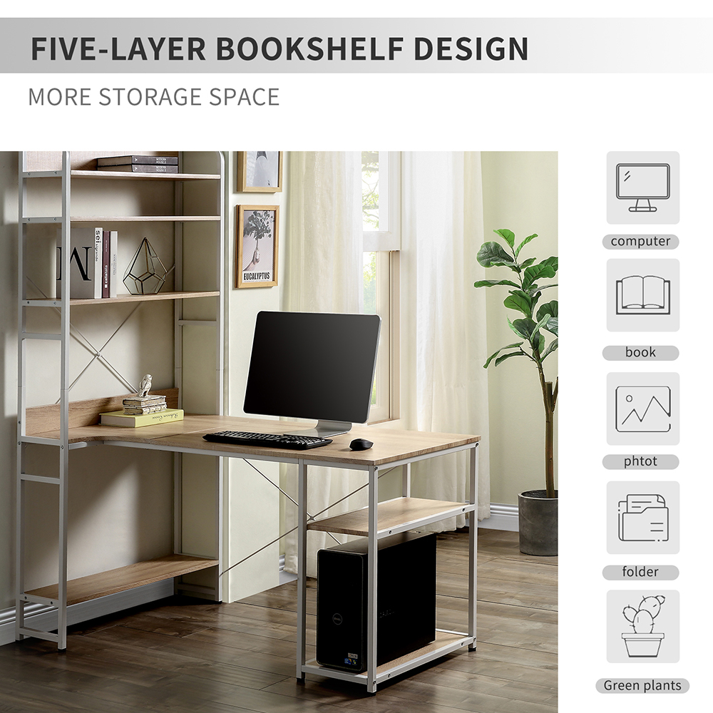 Home Office Computer Desk with Five-layer Shelf & CPU Bracket - Oak