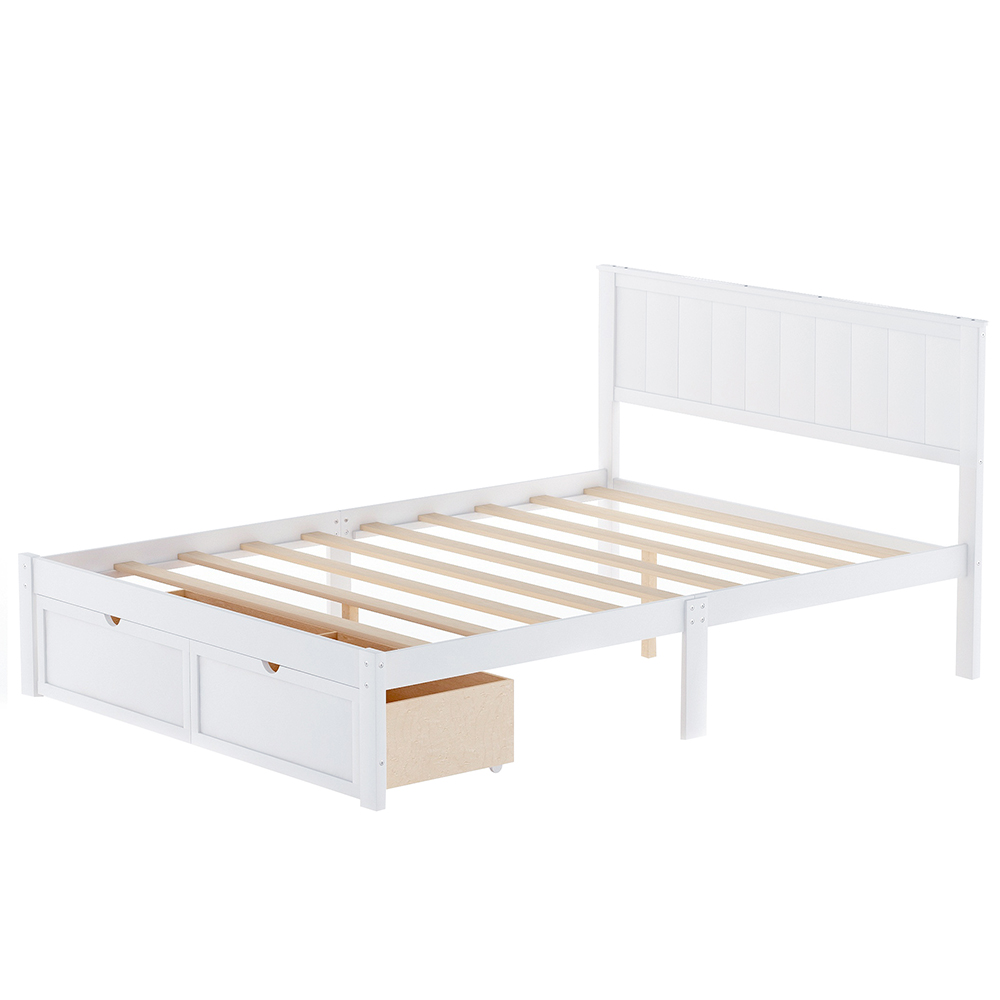 Full Size Wooden Bed Frame with Under-bed Storage Drawer - White