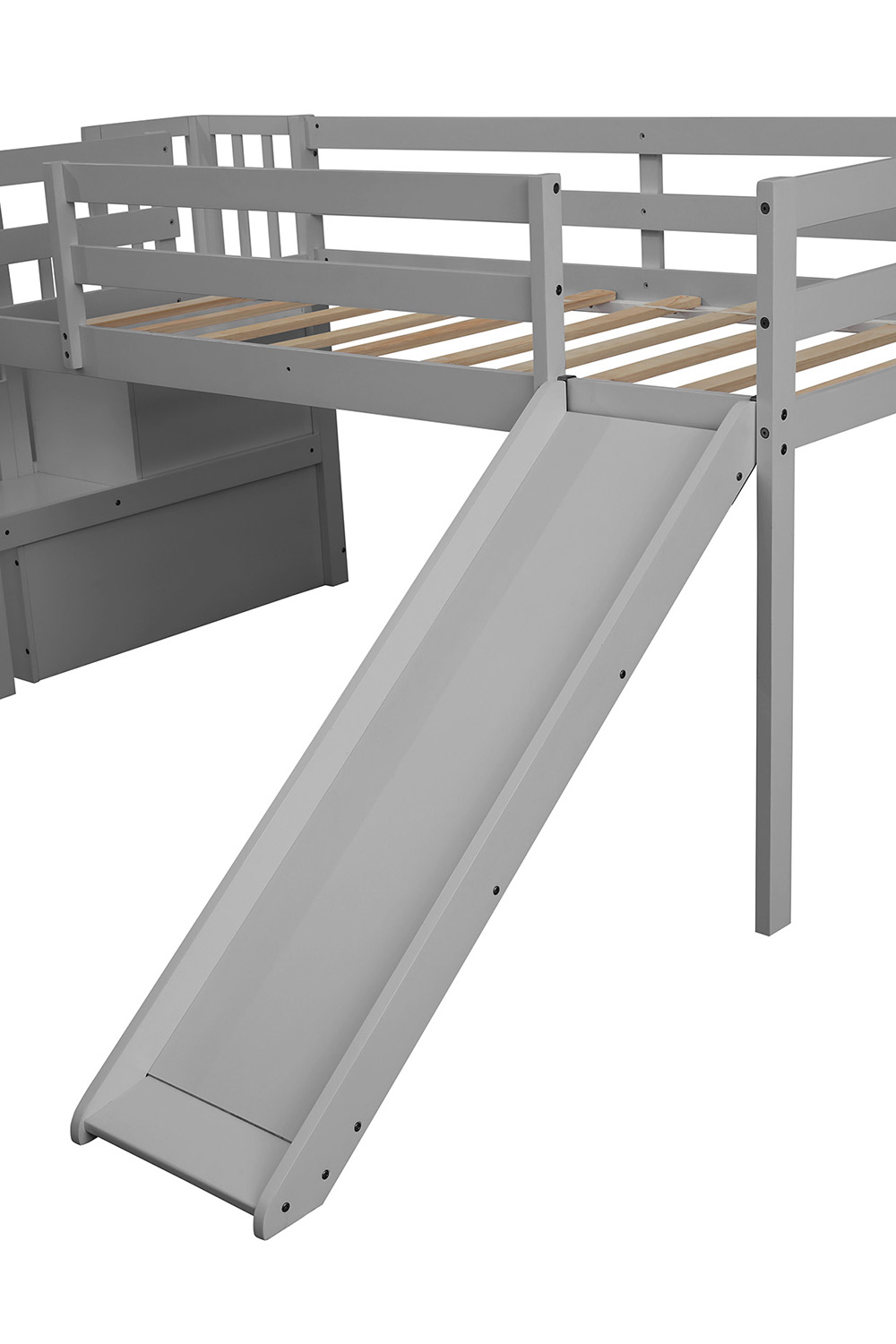 Children's Loft Bed with Storage Stairs and Slide - Grey