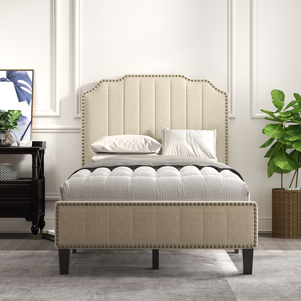 Twin Size Solid Wooden Upholstered Bed Frame with Linen Headboard and Nailhead Trim - Cream