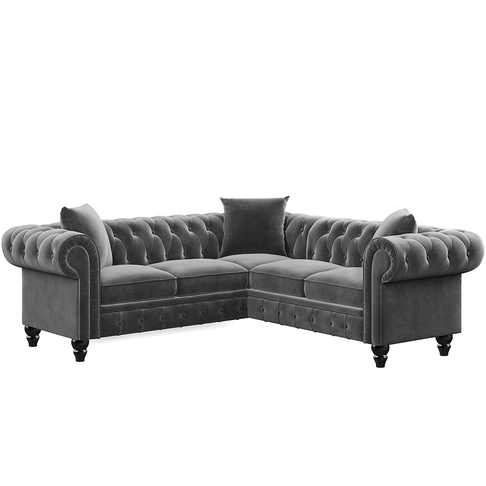 80" L-shaped Velvet Upholstered Sofa Chesterfield Design with Roll Arm and 3 Pillows Suitable for Five People - Gray