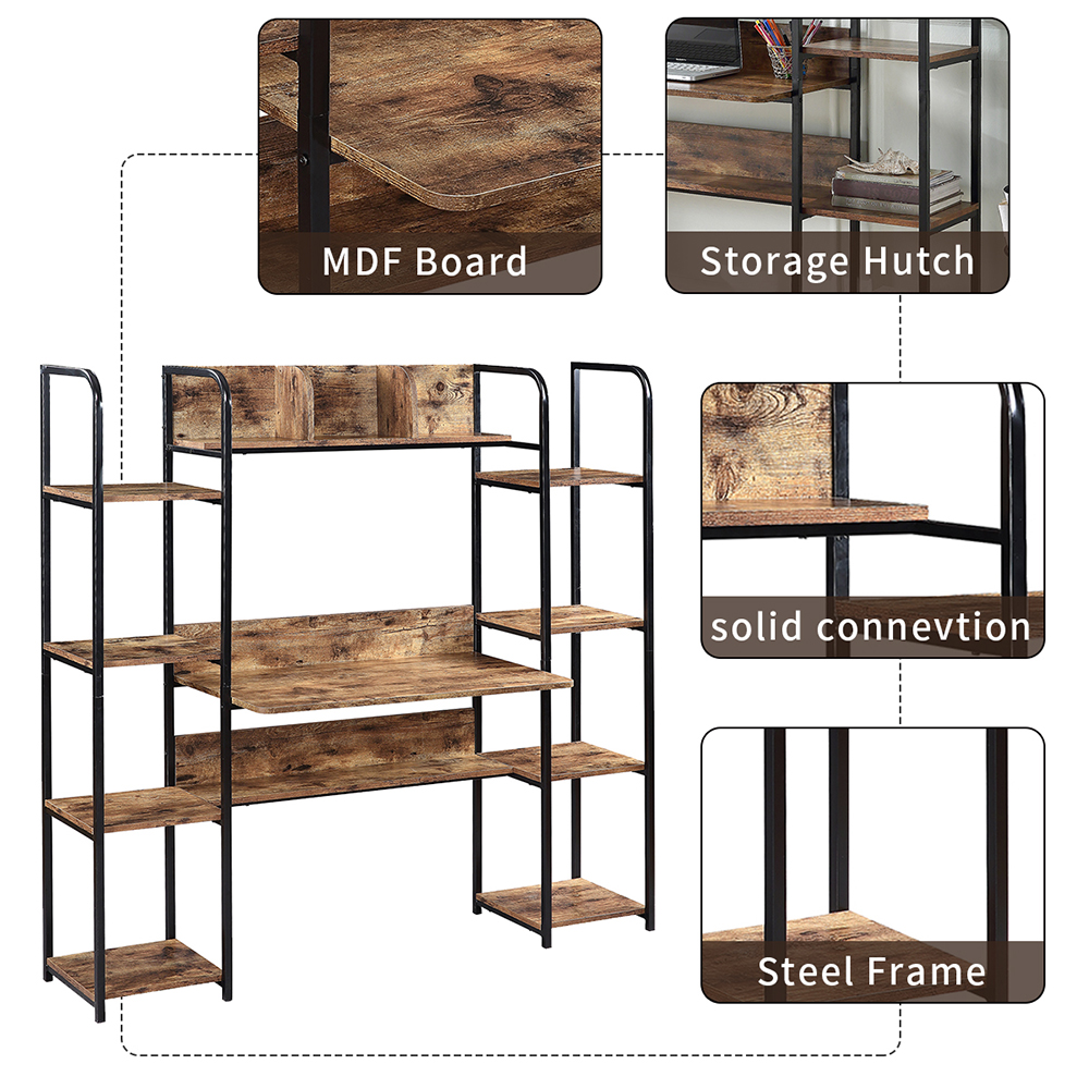 Home Office Computer Desk with Two Four-layer Shelves and Two Partitions - Brown