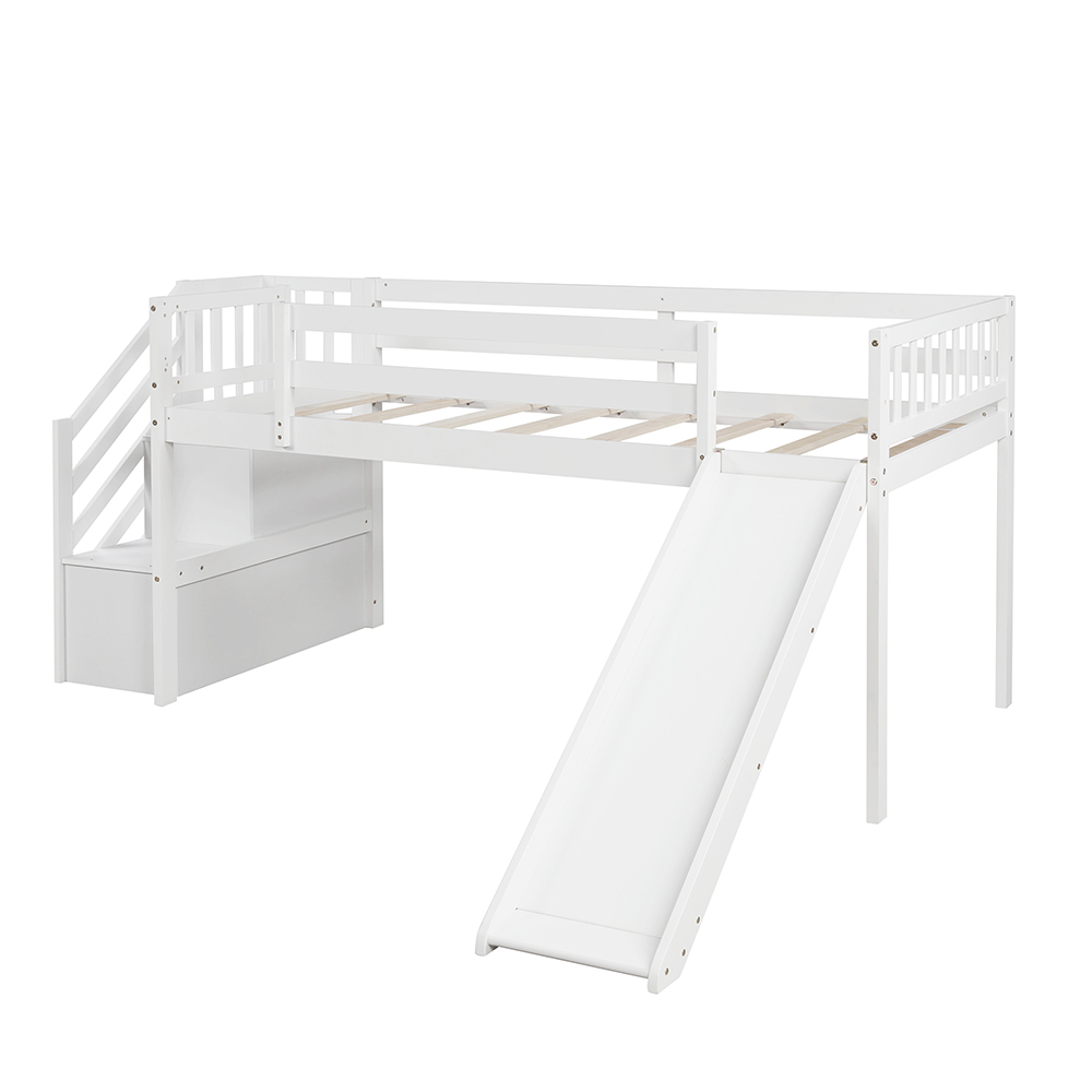 Twin Size Children's Loft Bed With Adjustable Slides, Stairs And Guardrails - White 11 Twin Size Children's Loft Bed with Adjustable Slides, Stairs and Guardrails - White