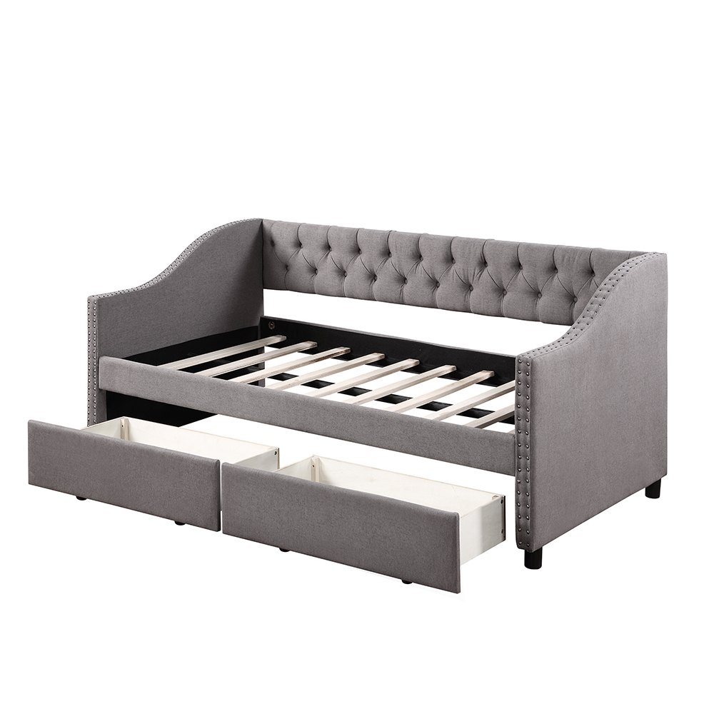 Twin Size Linen Upholstered Tufted Sofa Bed Wooden Frame with Two Storage Drawers and Armrests - Gray