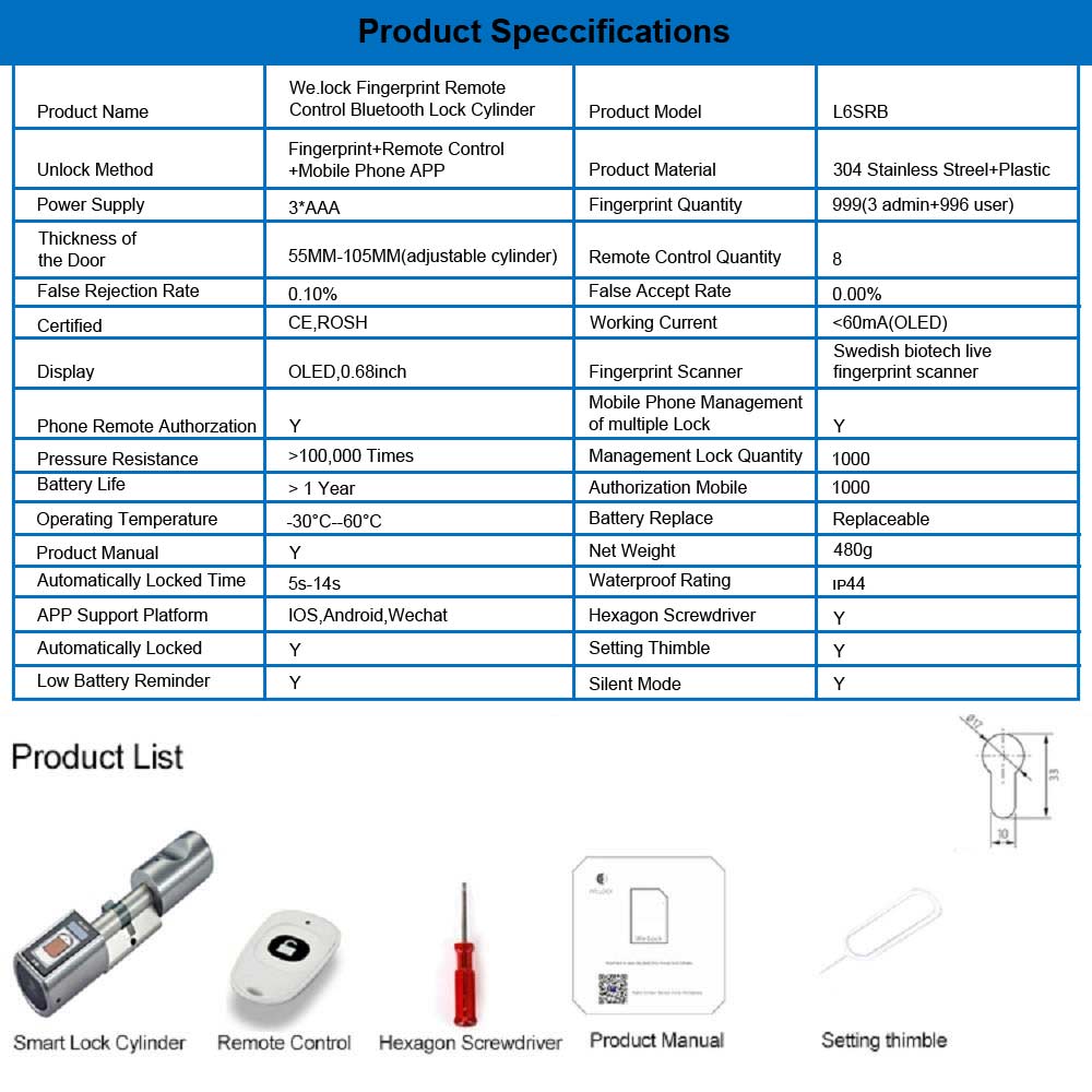 WE.LOCK Ai.one SBR00EBL01 Intelligent Electronic Door Lock Cylinder Fingerprint + Bluetooth + Remote Control IP44 Waterproof Opening via Smartphone, WiFi Box Working with Alexa Easy Assembly for Doors with Thickness of 55-105mm - Silver
