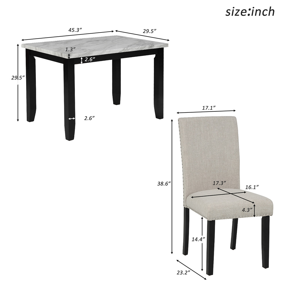 TREXM 5 Pieces Faux Marble Dining Table Set with 4 Thicken Cushion Chairs, for Kitchen, Living Room, Bedroom, Office - Beige