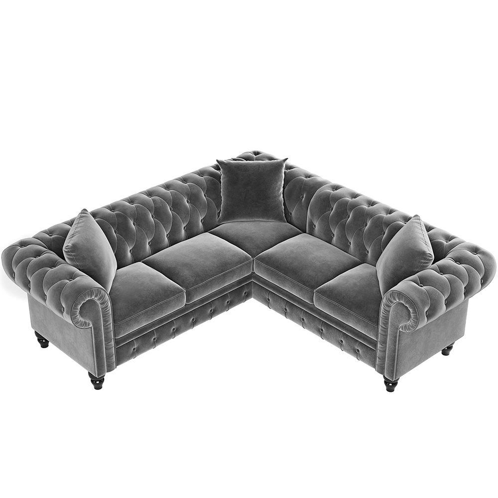 80" L-shaped Velvet Upholstered Sofa Chesterfield Design with Roll Arm and 3 Pillows Suitable for Five People - Gray