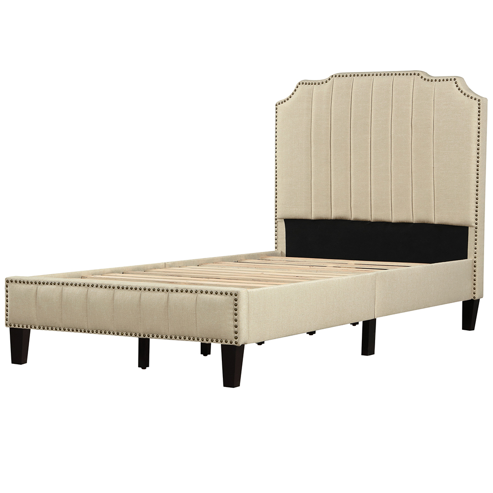 Twin Size Solid Wooden Upholstered Bed Frame with Linen Headboard and Nailhead Trim - Cream