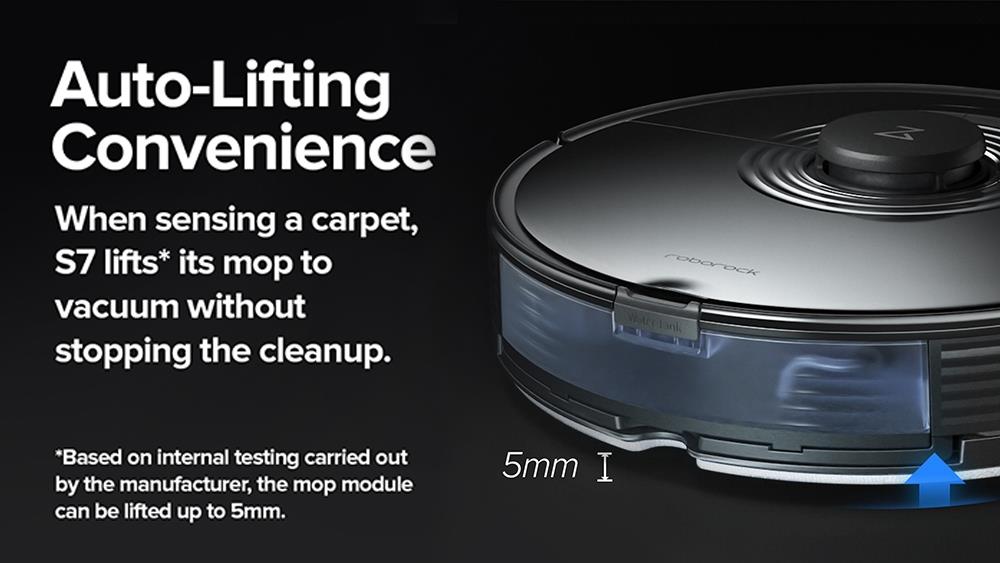 Roborock S7 Robot Vacuum Cleaner with Sonic Mopping Auto Mop Lifting 2500Pa Powerful Suction LiDAR Navigation Ultrasonic Carpet Recognition 5200mAh Battery 470ml Dustbin 300ml Water Tank APP Control for Pets Hair, Carpets and Hard Floor - Black