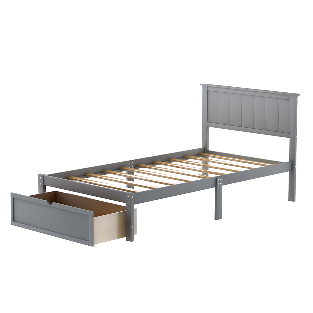 Twin Size Wooden Bed Frame with Under-bed Storage Drawer - Gray