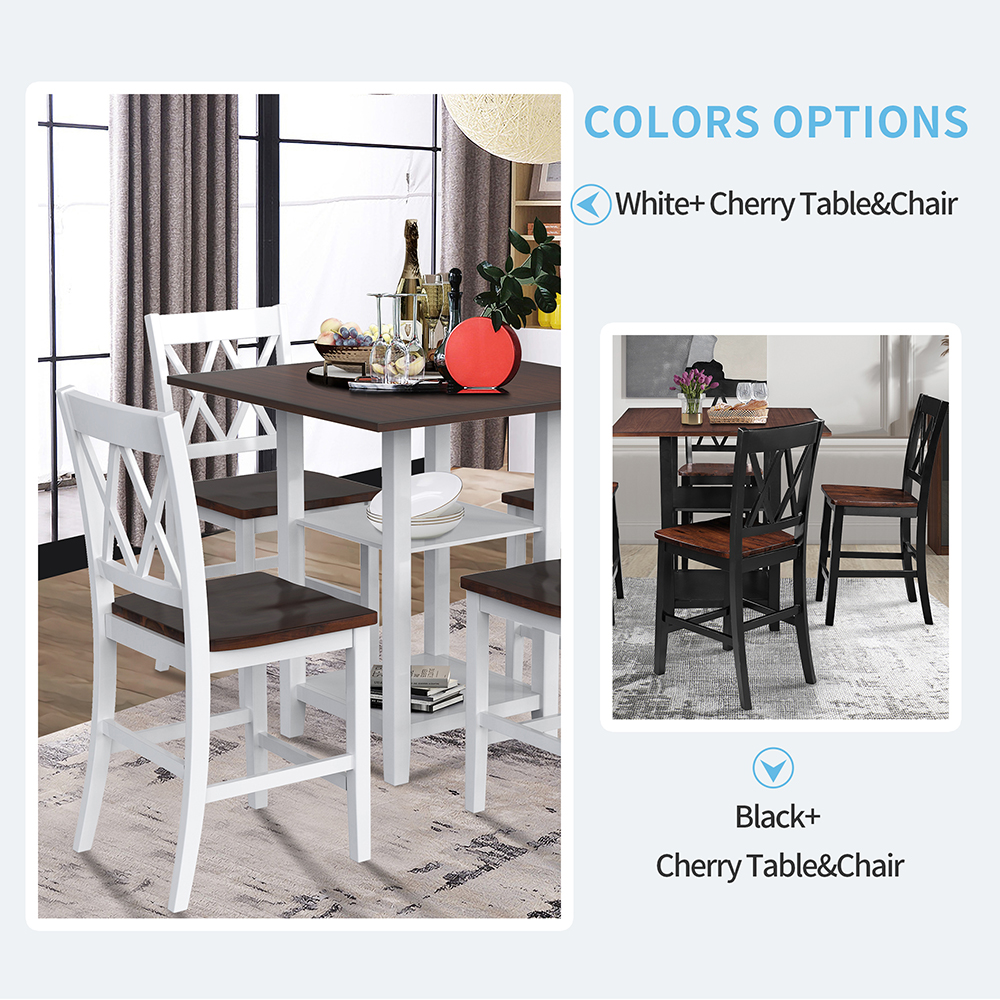 TOPMAX 5 Pieces of Rubber Wood Dining Set, with Double-layer Shelves & 4 * Matching Chairs - White