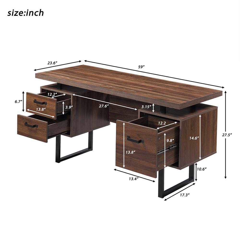Home Office Computer Desk with Three File Drawers, U-shaped Metal Legs - Walnut