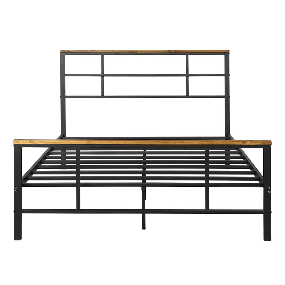 Full Size Metal Bed Frame with Pine Wood Headboard and Footboard - Black