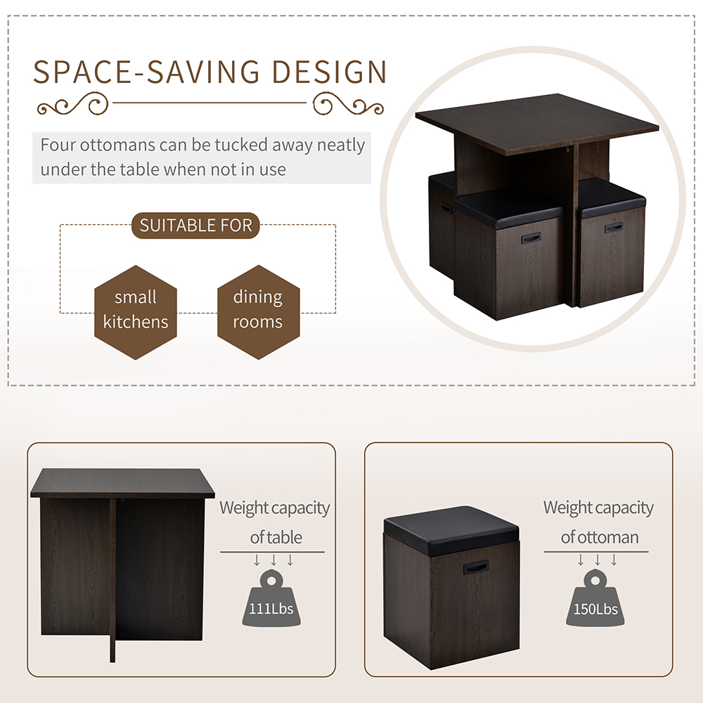 TREXM 5 Pieces Faux Wood Dining Table Set with 4 Storage Ottomans, for Kitchen, Living Room, Bedroom, Office - Espresso