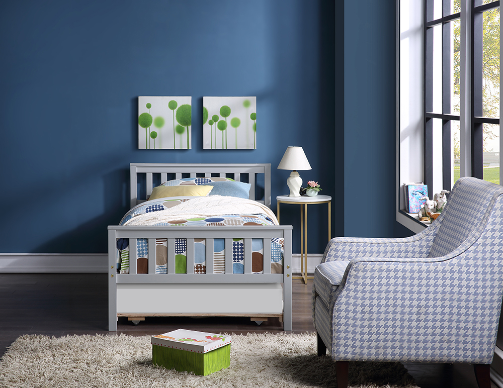 Twin Size Pull-out Combination Pine Bed Frame with Headboard and Footboard - Grey