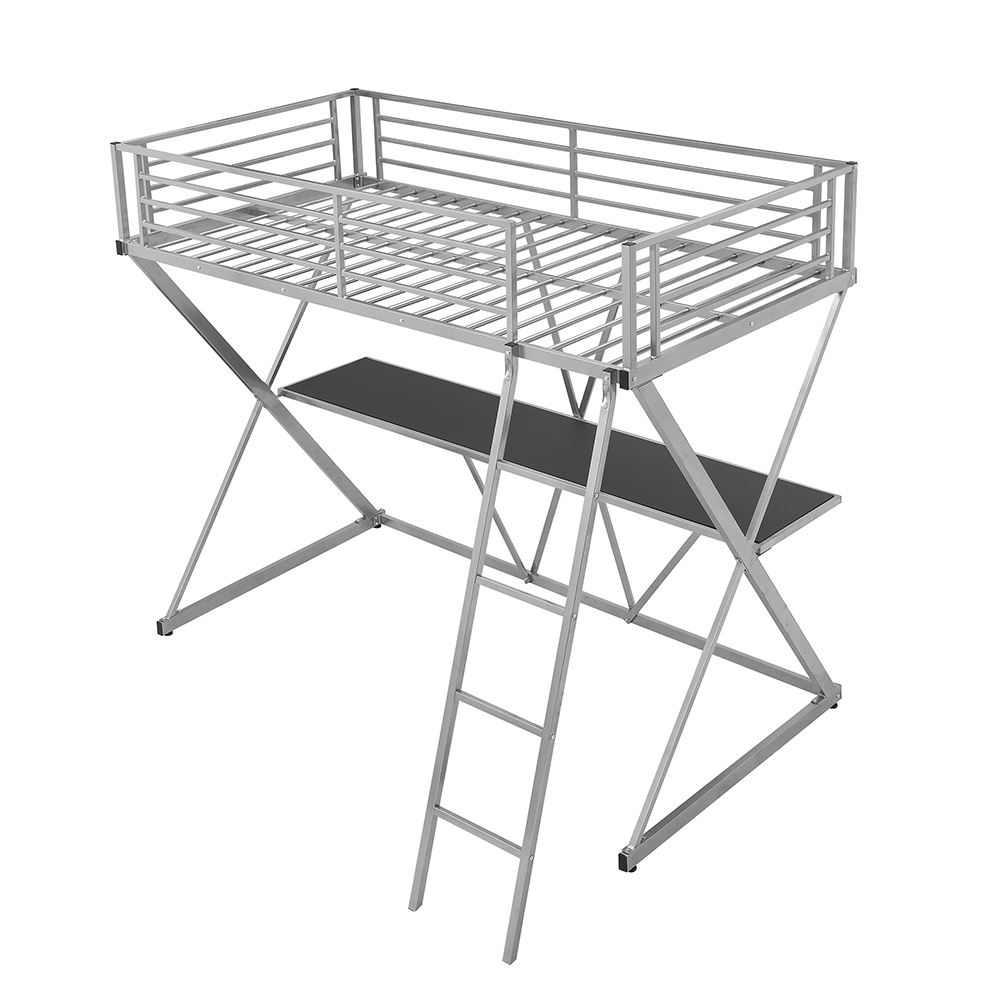 Steel Twin Size Loft Bed Xshaped Frame with Desk Silver