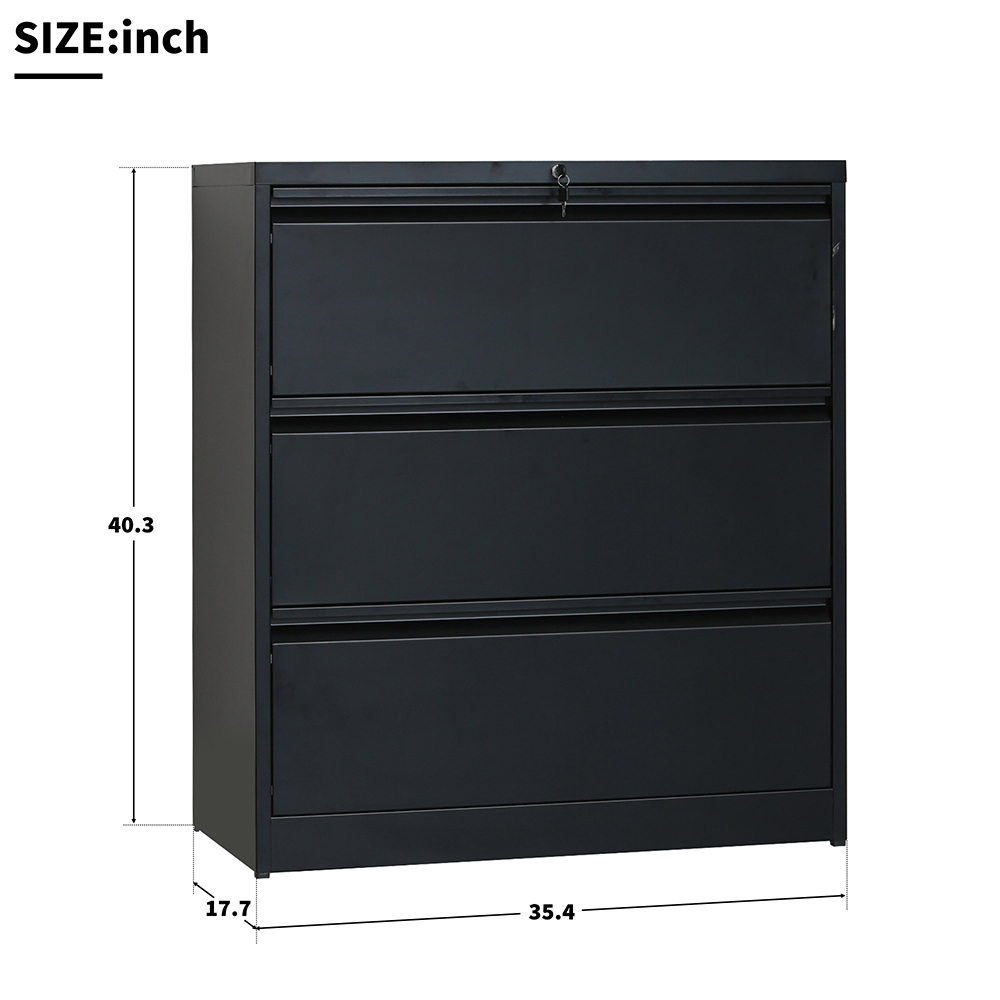 Home Office Steel Lateral File Cabinet with 3 Drawers and Lock - Black