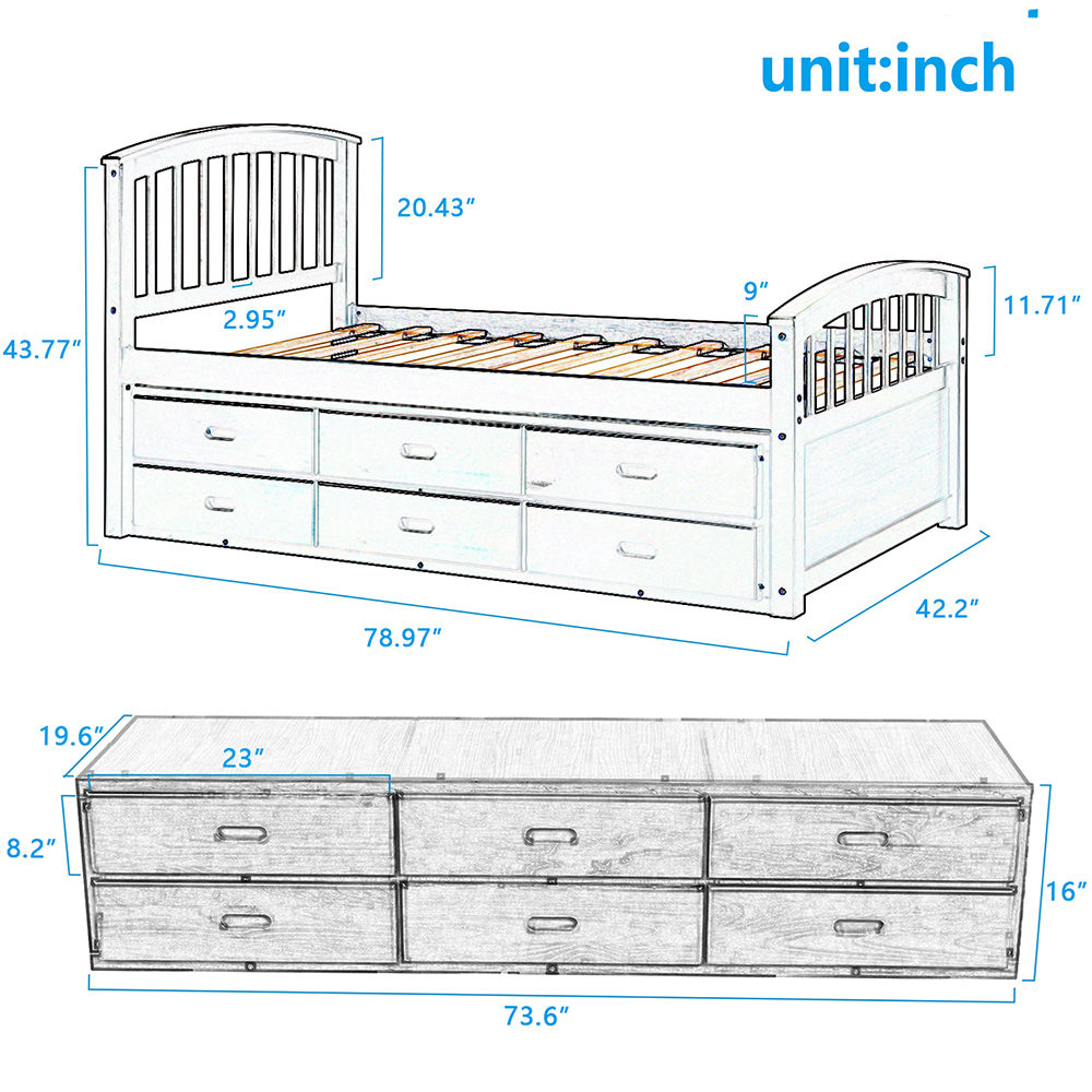 Orisfur Twin Size Wooden Bed Frame with 6 Storage Drawers - Gray