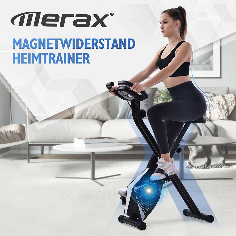 Merax Indoor Exercise Folding Bike with Adjustable Seat 8 Resistance Levels Fitness Bike with Hand Pulse Sensors and LCD Display - Black