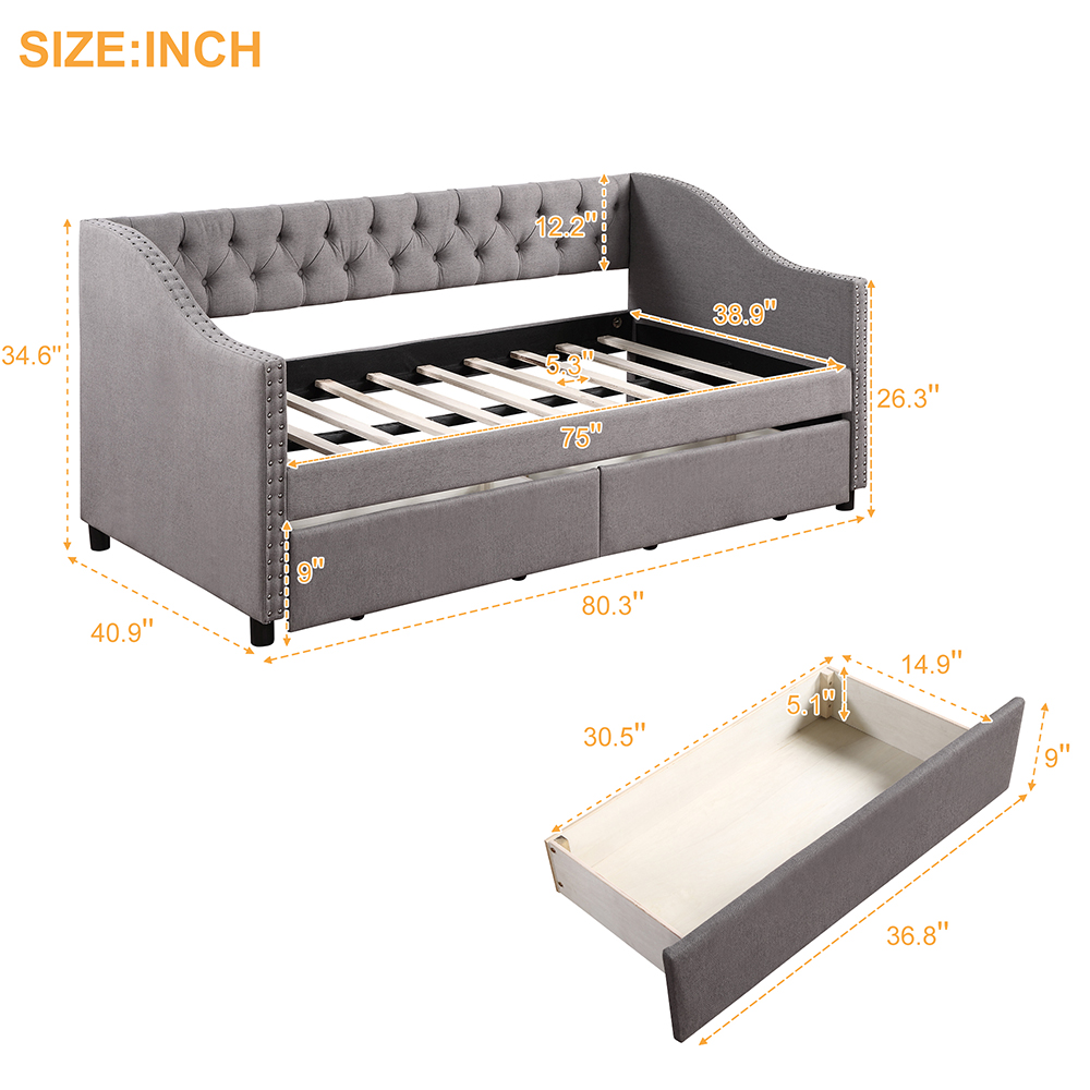 Twin Size Linen Upholstered Tufted Sofa Bed Wooden Frame with Two Storage Drawers and Armrests - Gray