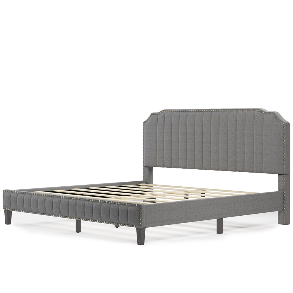 King Size Solid Wooden Upholstered Bed Frame with Linen Headboard and Nailhead Trim - Gray