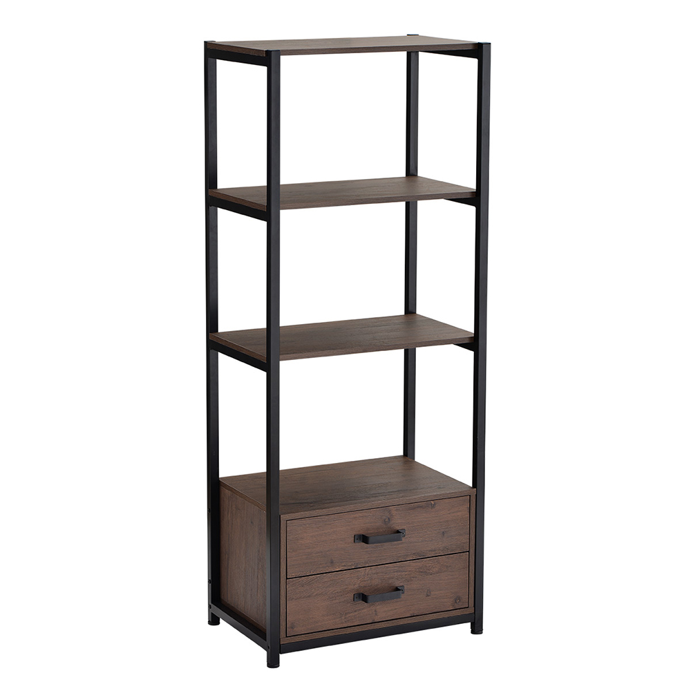 Home Office Standing Bookshelf Storage Cabinet with Four-layer Open Shelf and Two Drawers - Brown