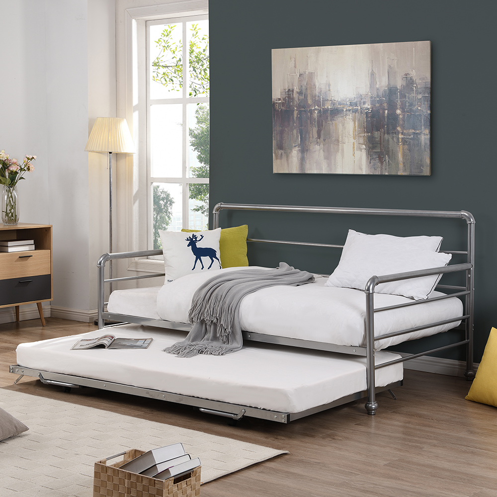 Twin Size Steel Sofa Bed Frame with Trundle Bed Silver
