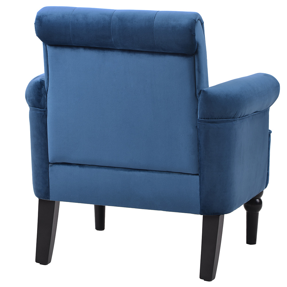 1-seat Velvet Button Tufted Sofa with Roll Arms and Wooden Legs for Living Room, Bedroom, Office, Hotel, Bar - Navy Blue