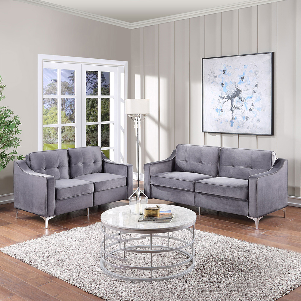 57"+72" Velvet Upholstered Sofa Set Mid-century Modern Design with Armrests and Chrome-plated Metal Legs Suitable for Five People - Gray