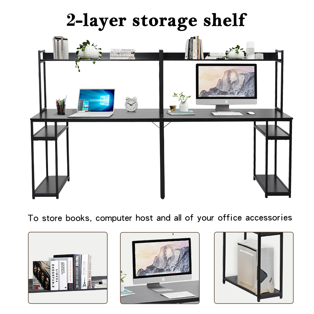 Home office Dual Person Computer Desk with Two-layer Shelf and Open Top Partition - Black