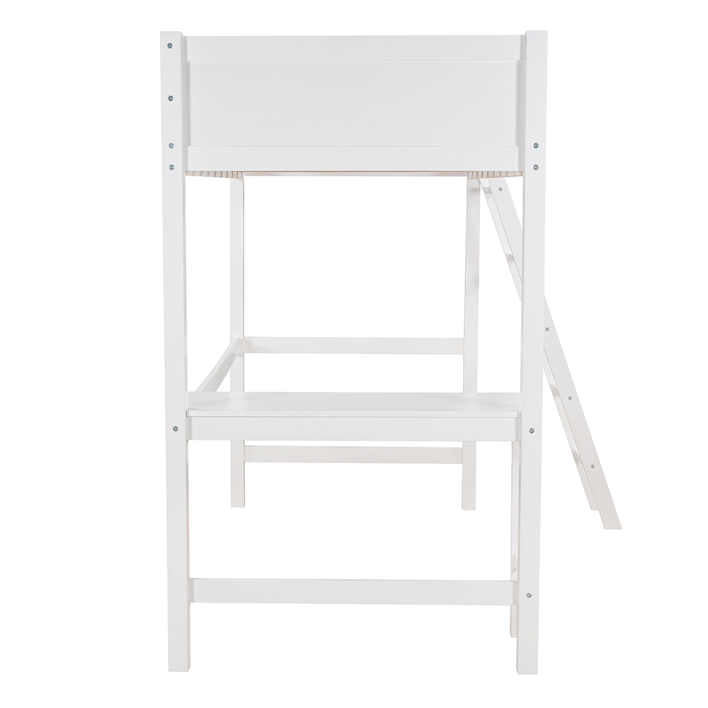 Twin Size Wooden Loft Bed Frame with Desk and Ladder Suitable for Small Rooms - White