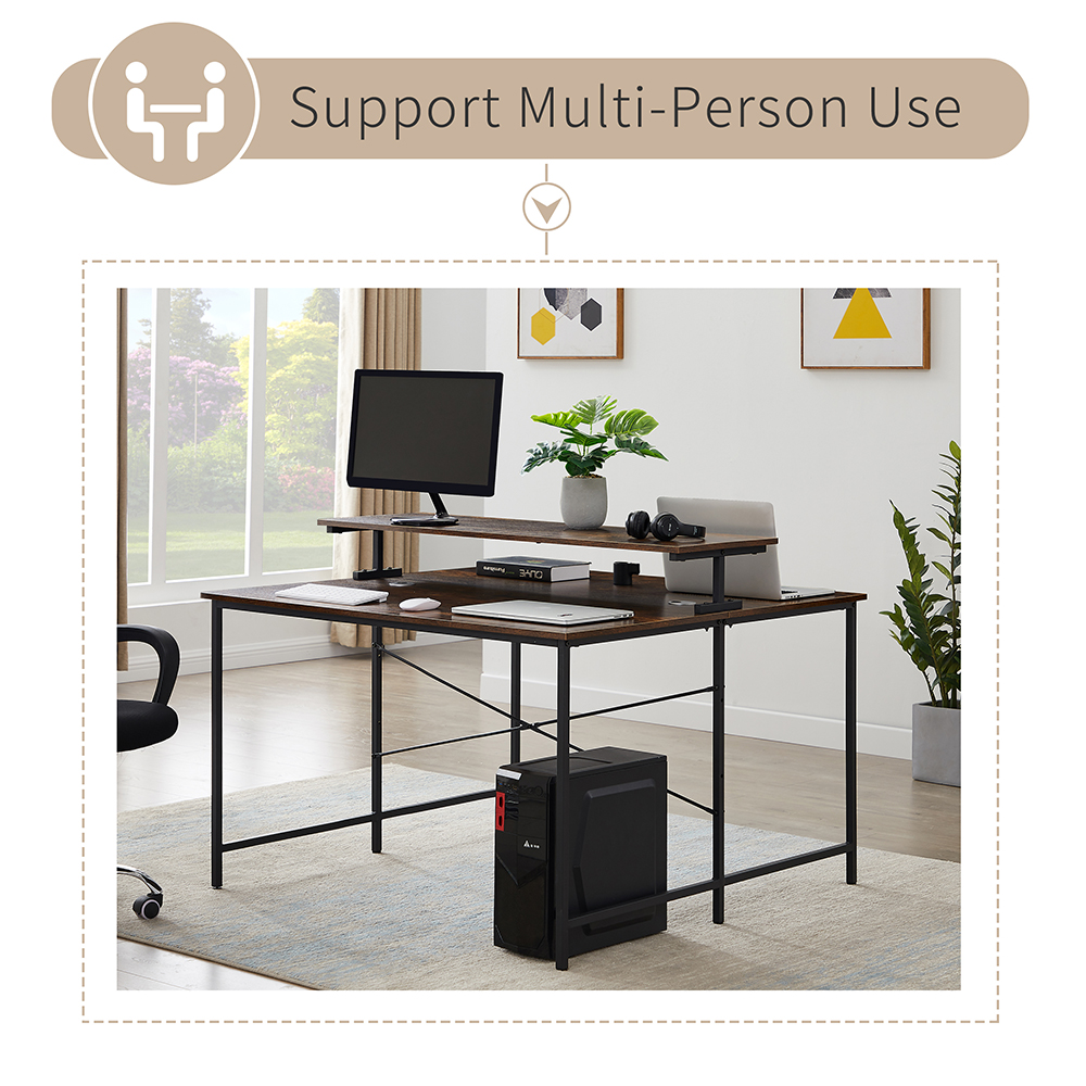 Home Office 47" Dual Person Computer Desk with Display Riser, Face-to-face Use - Brown