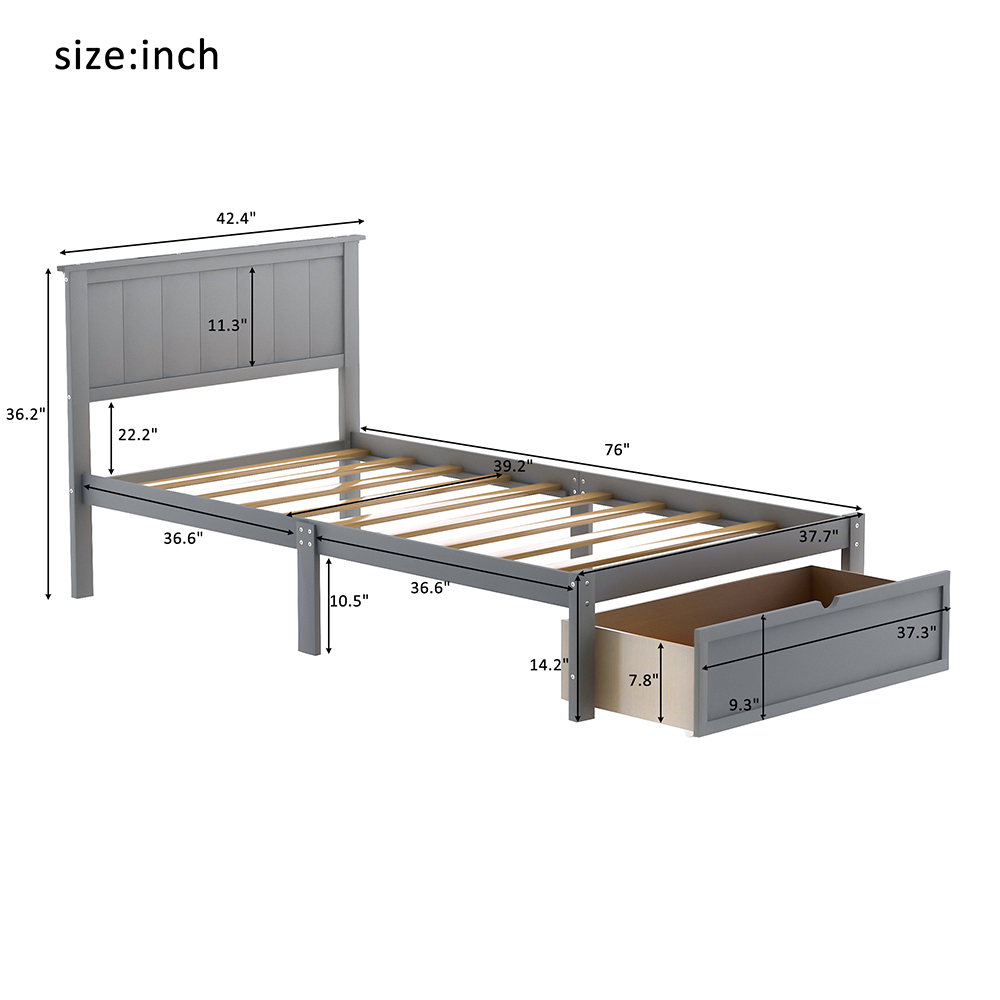 Twin Size Wooden Bed Frame with Under-bed Storage Drawer - Gray