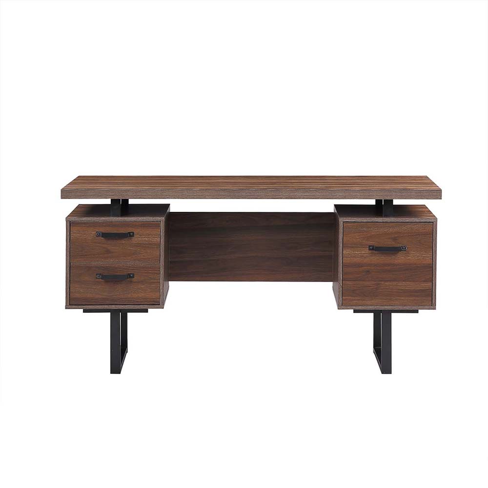 Home Office Computer Desk with Three File Drawers, U-shaped Metal Legs - Walnut