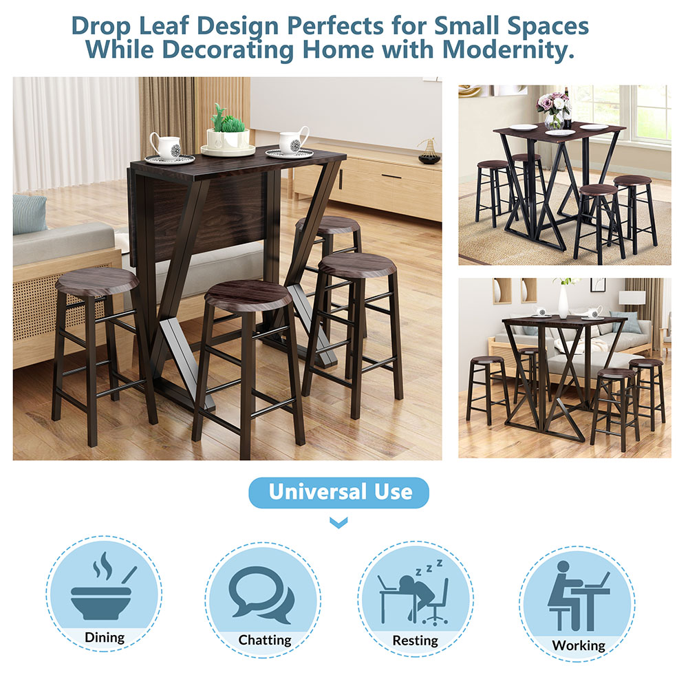 TOPMAX 5 Piece Folding Bar Table Set with 4 Stools for Kitchen, Living Room, Bar, Restaurant - Dark Coffee