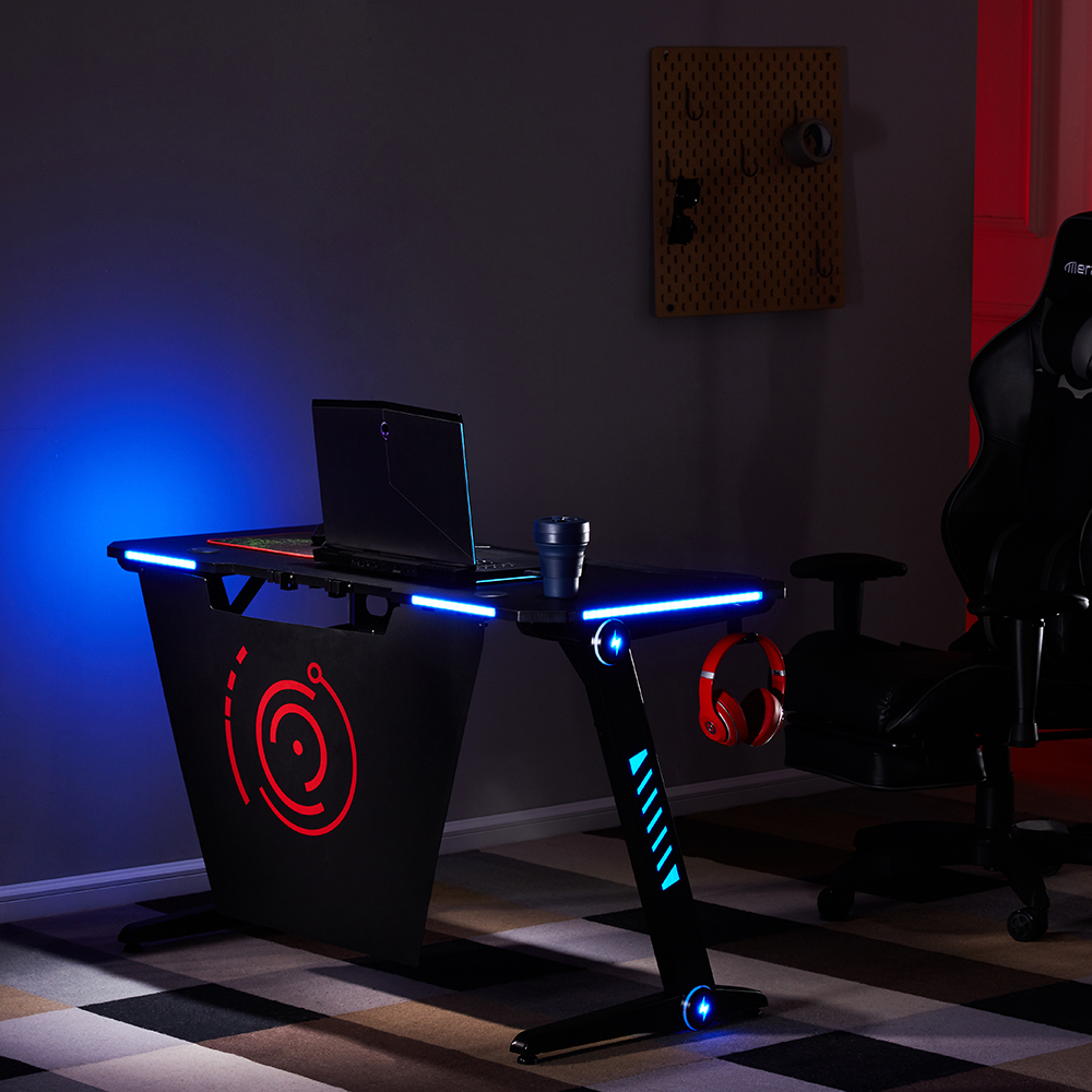 Home Office Computer Desk Ergonomic Gaming Table RGB LED Lights with Headphone Hook - Black