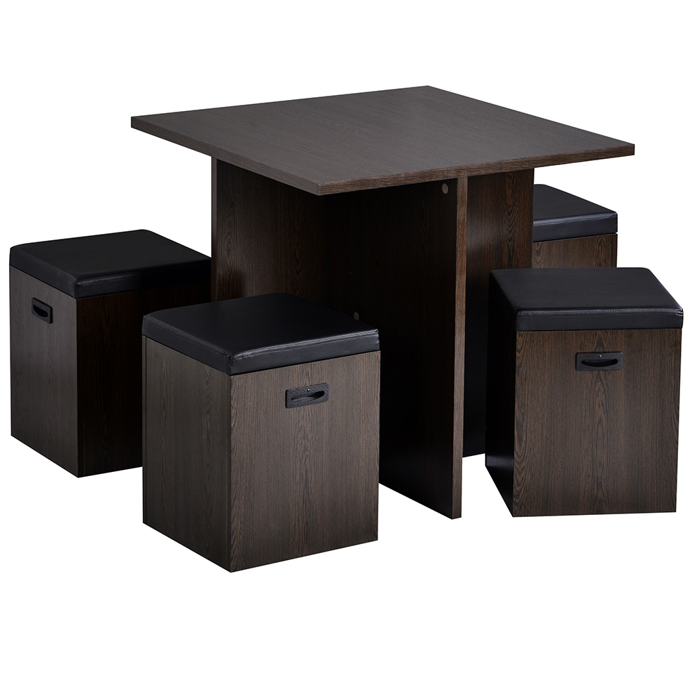 TREXM 5 Pieces Faux Wood Dining Table Set with 4 Storage Ottomans, for Kitchen, Living Room, Bedroom, Office - Espresso