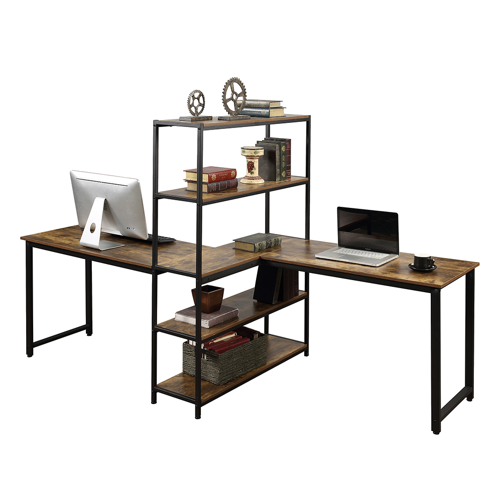 Home Office Two Person Computer Desk with Four-layer Shelf, Extra Large Double Workstations Office Desk - Brown