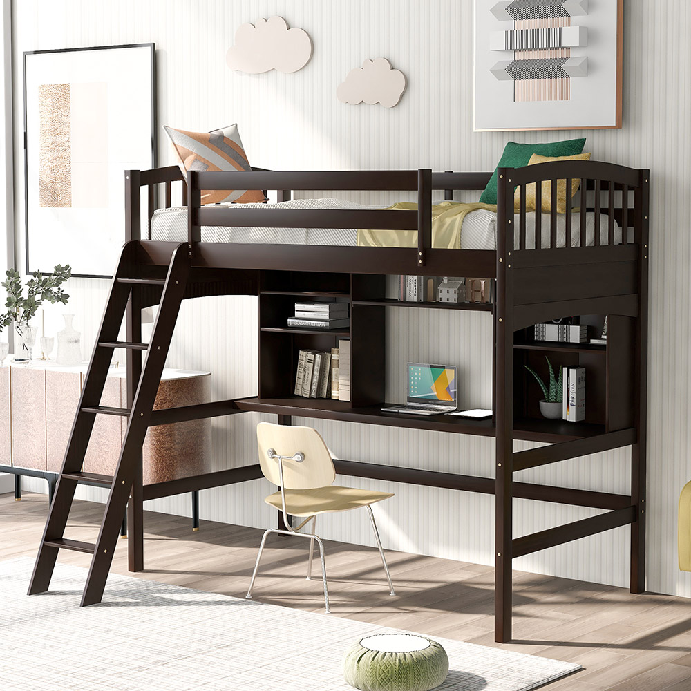 Twin Size Wooden Loft Bed Frame With Desk, Bookshelf Espresso