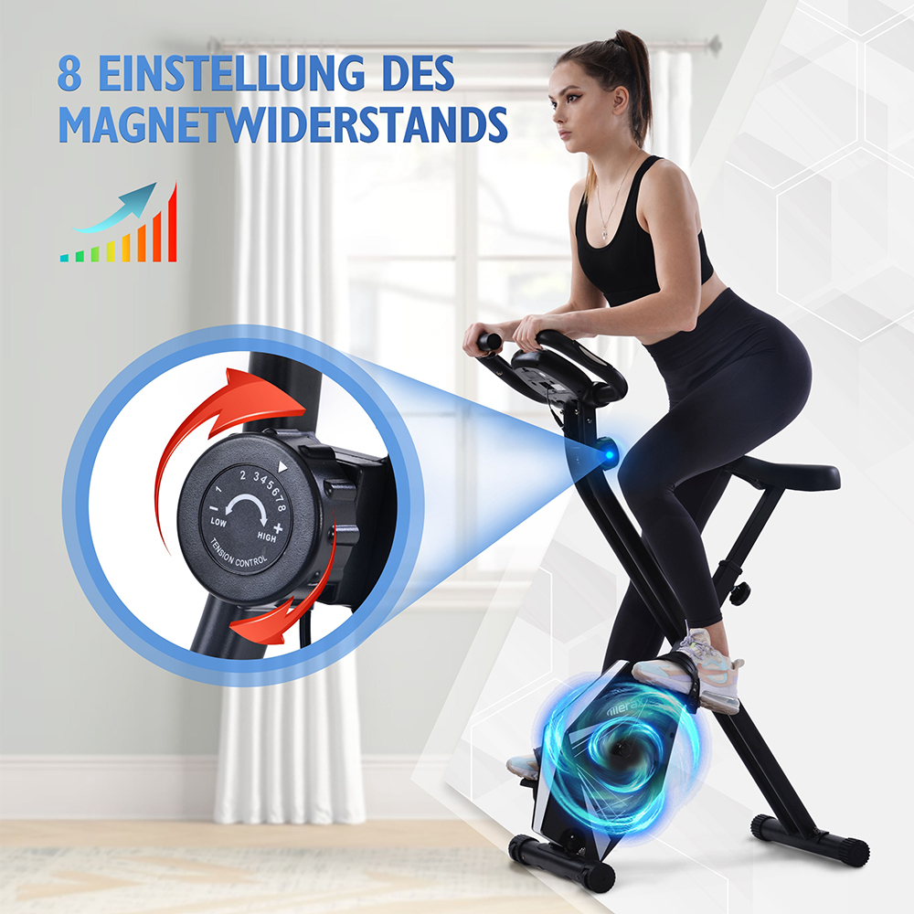 Merax Indoor Exercise Folding Bike with Adjustable Seat 8 Resistance Levels Fitness Bike with Hand Pulse Sensors and LCD Display - Black