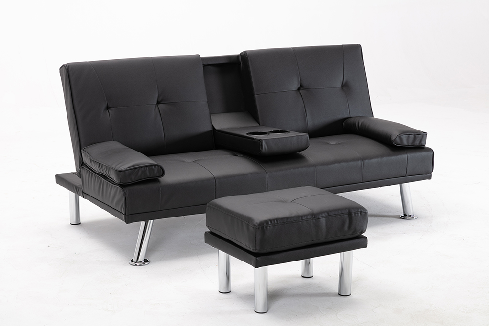 Folding Air Leather Sofa Bed With 2 Cup, Black Leather Sofa Bed With Cup Holder