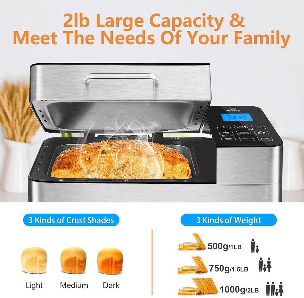 MOOSOO MB30 Stainless Steel Smart Bread Machine 2LB Capacity 600W Power 25 Programs Digital Touch Screen Control Home DIY Used to Make Whole Wheat Bread, Gluten-Free Bread, Yogurt - Silver