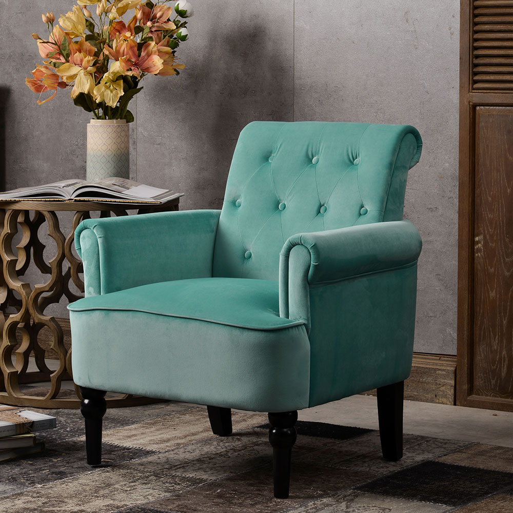 1-seat Velvet Button Tufted Sofa with Roll Arms and Wooden Legs for Living Room, Bedroom, Office, Hotel, Bar - Teal