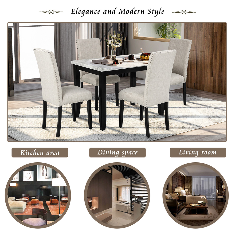 TREXM 5 Pieces Faux Marble Dining Table Set with 4 Thicken Cushion Chairs, for Kitchen, Living Room, Bedroom, Office - Beige