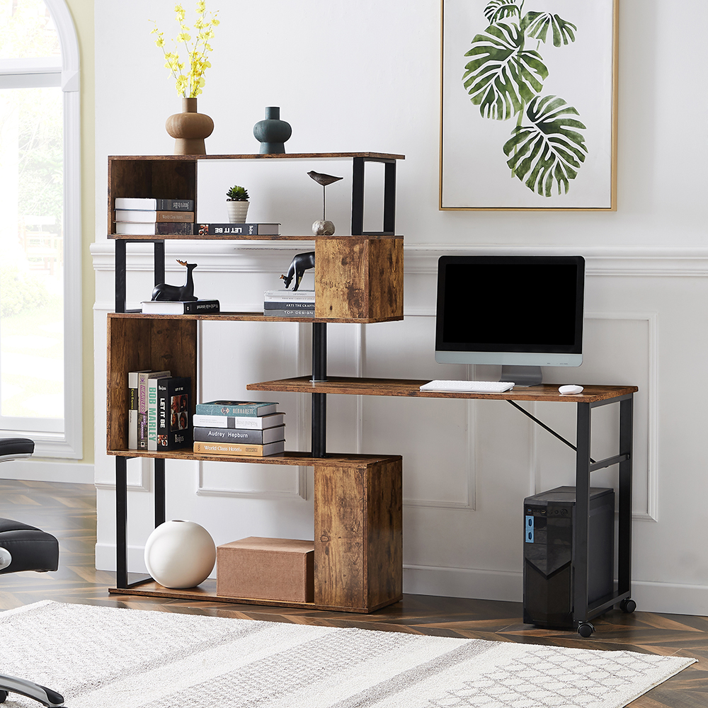 Home Office L-Shaped Rotating Computer Desk, with Five-layer Shelf - Tiger